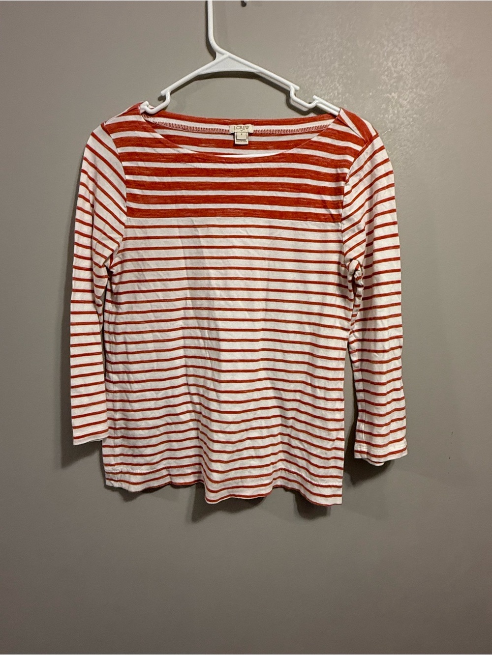 J. Crew White and Orange Striped 3/4 length Sleeve Tee